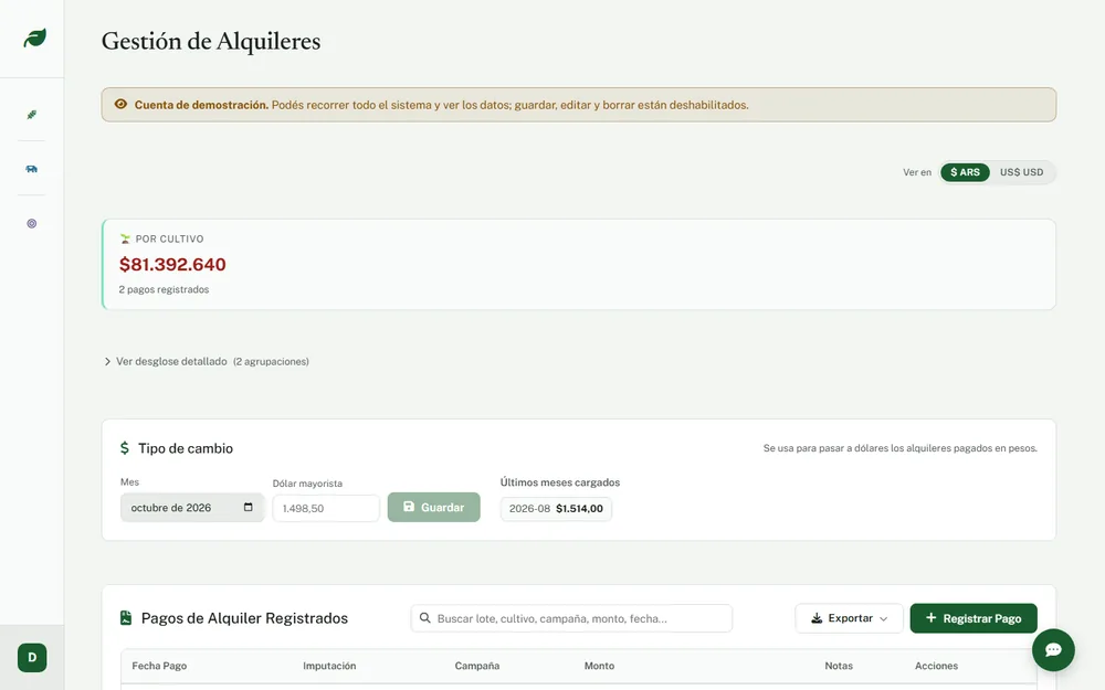 Gestión de alquileres con los pagos de la campaña y el tipo de cambio por mes